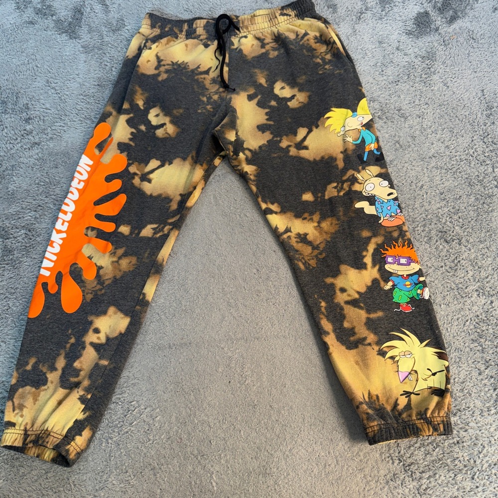 Nickelodeon Unisex Nicktoons Jogger Sweatpants 1X Black Yellow Acid Wash Fleece